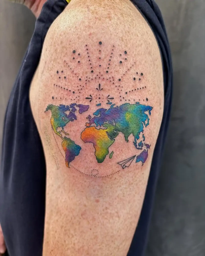Dotwork Rainbow Map and Sunburst on Upper Arm