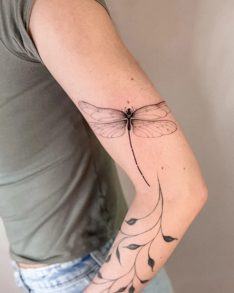 Dragonfly Tattoo with Botanical Flow