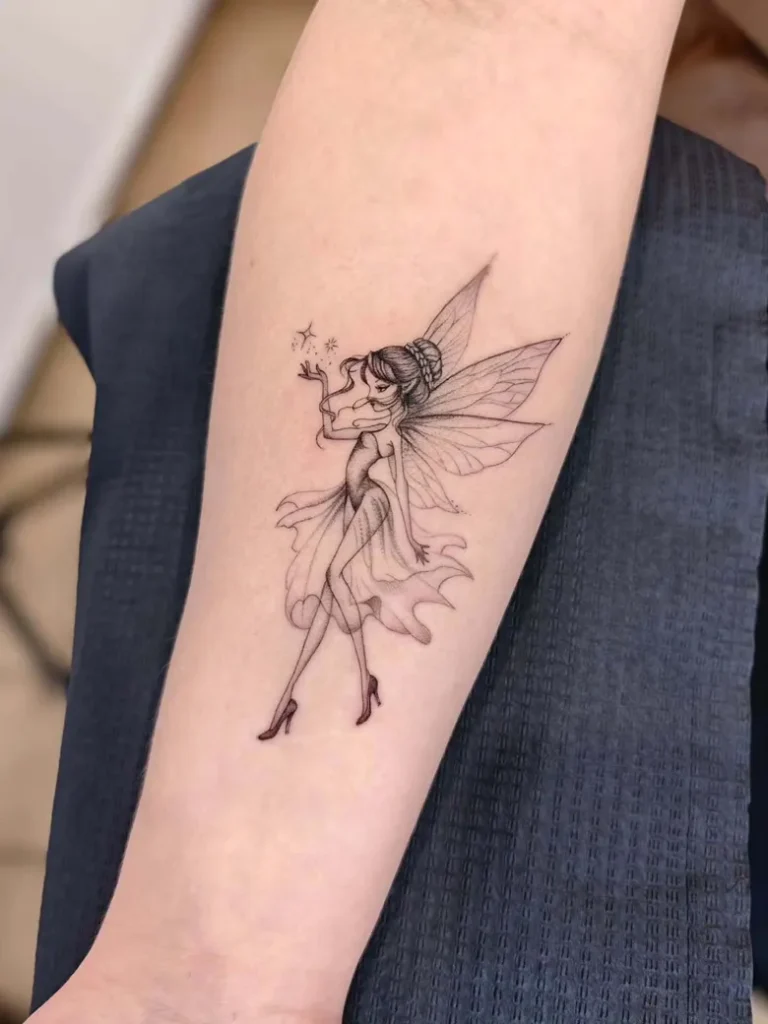 Elegant Fine Line Fairy Tattoo