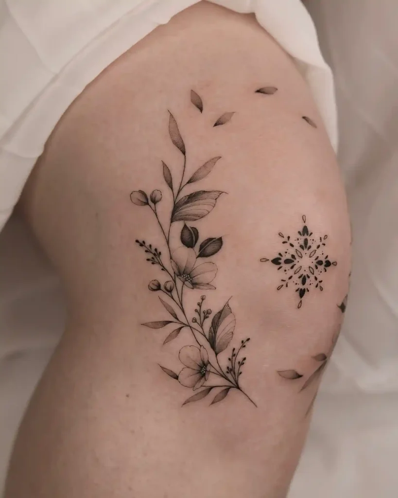 Fine Line Floral Branch Tattoo on Knee