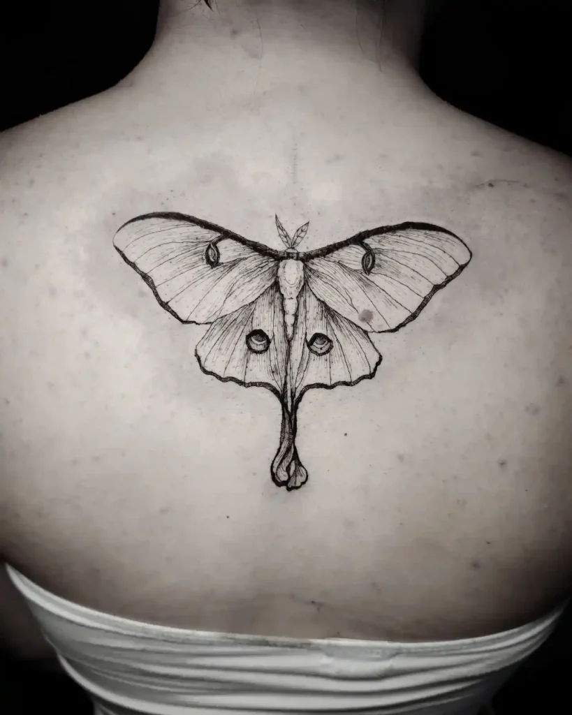 Fine Line Moth Illustration on Upper Back