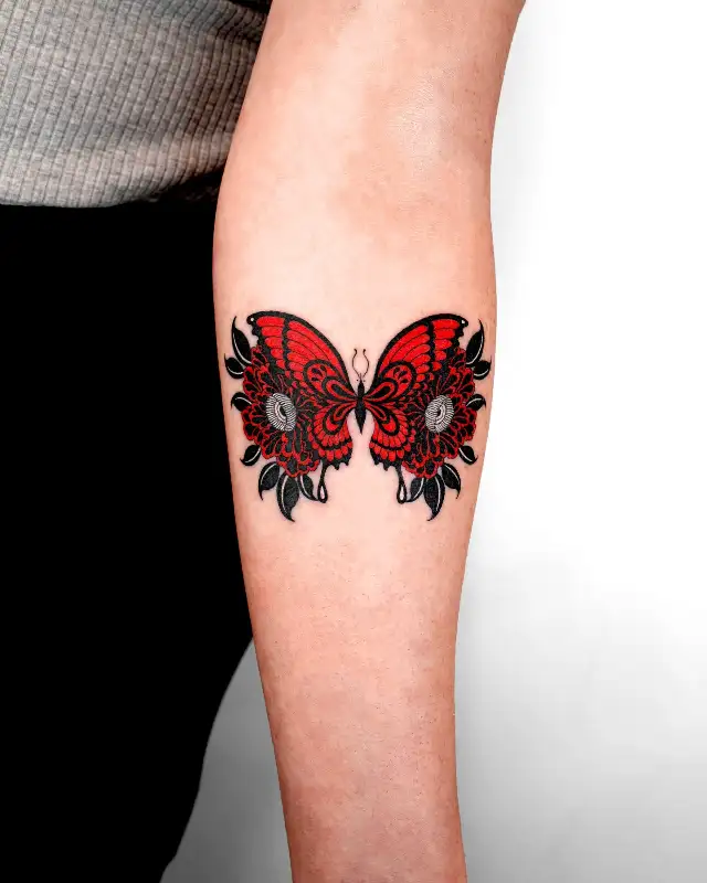 Floral Infused Red Butterfly Tattoo