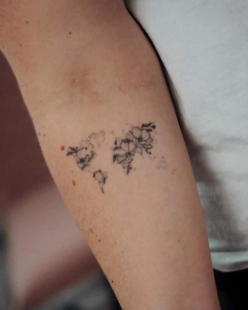 Floral Shadow World Map on Inner Forearm