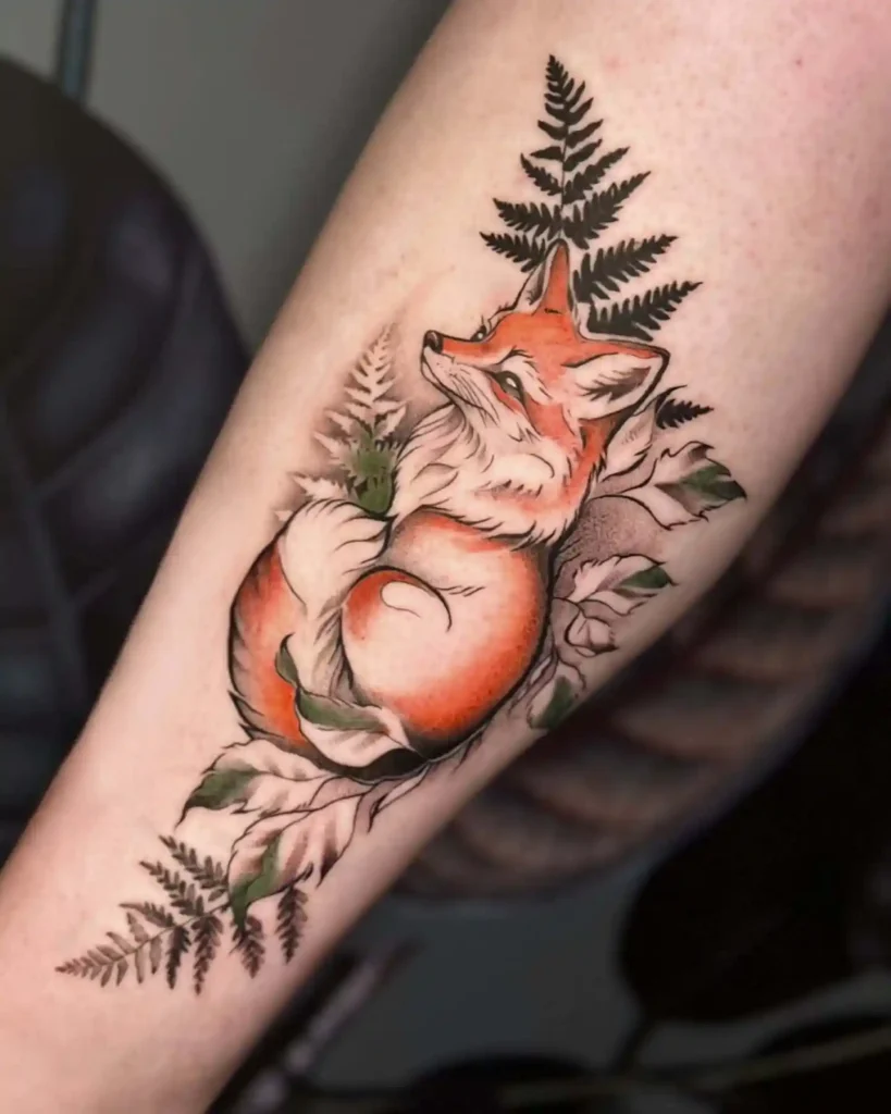 Fox Curled with Fern Leaves on Calf