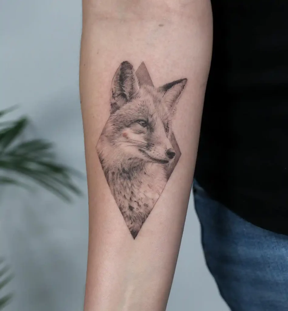 Fox Portrait in Diamond Frame on Forearm