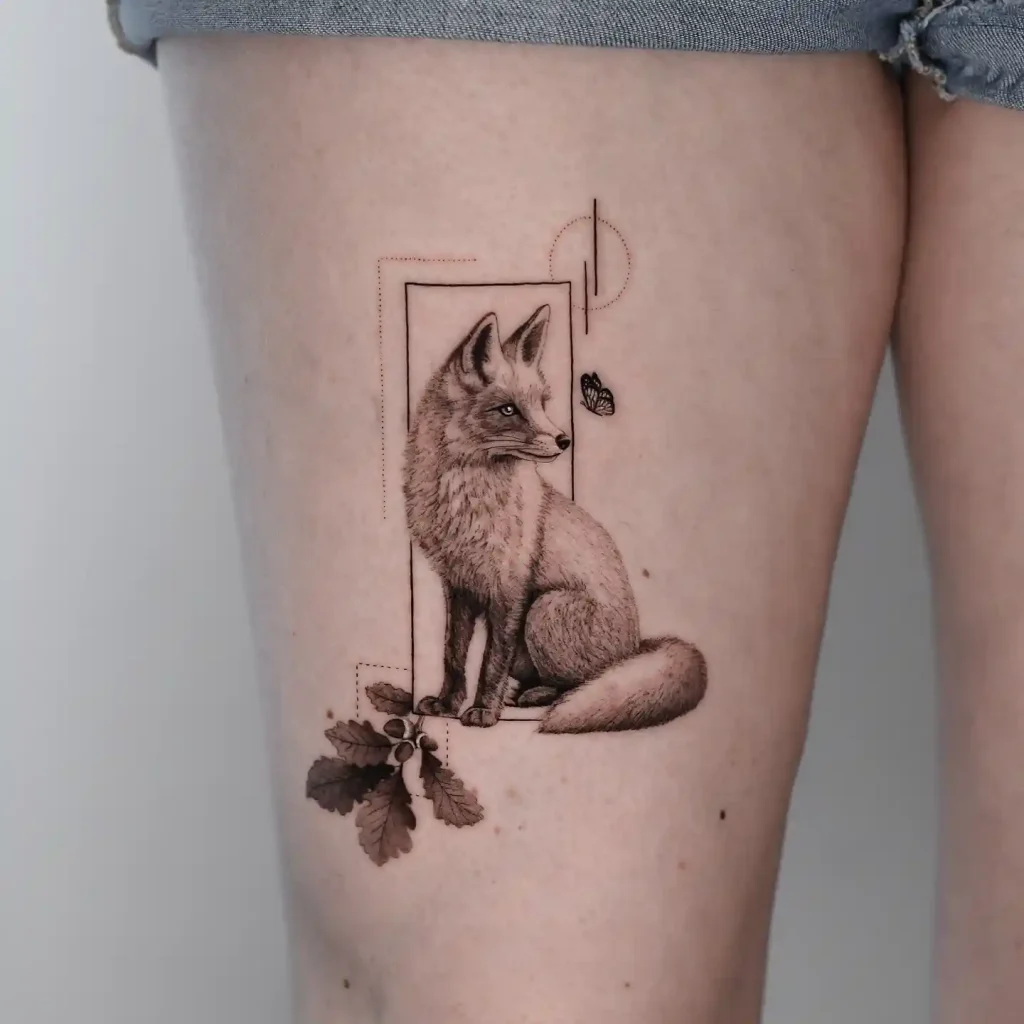 Fox and Butterfly in Geometric Frame on Thigh