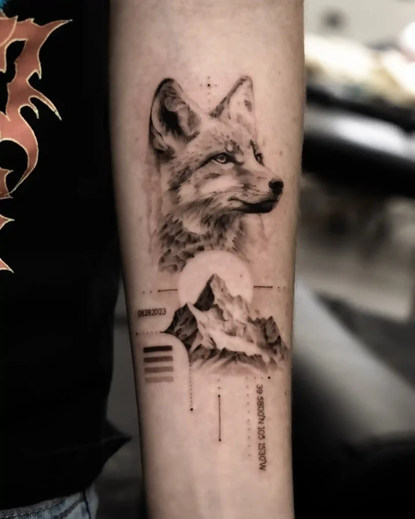 Fox and Mountain Range Collage on Forearm