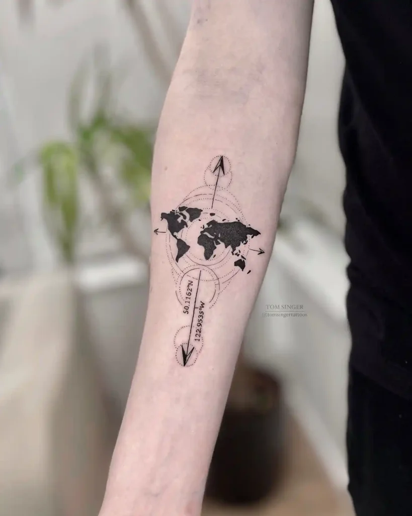 Geometric Compass and Silhouette Map on Forearm
