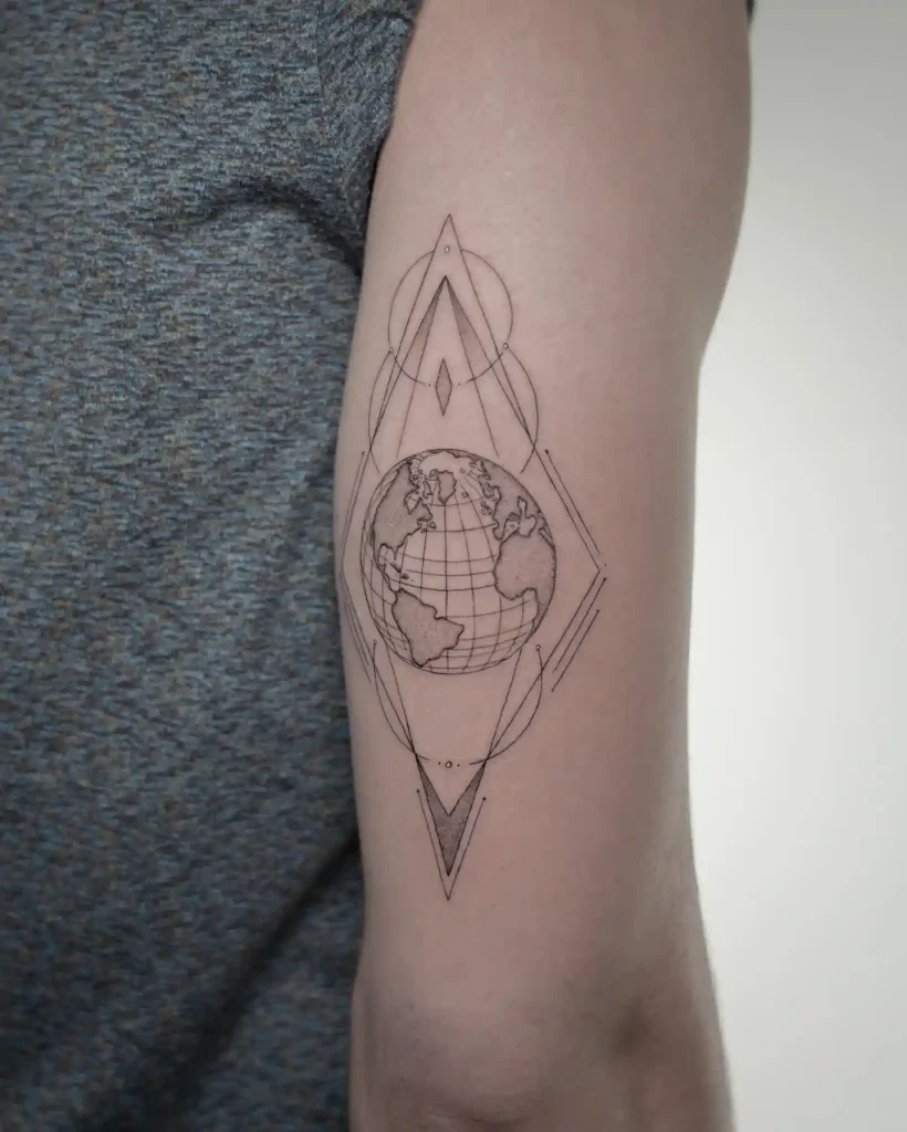 Geometric Globe and Diamond Frame on Inner Bicep