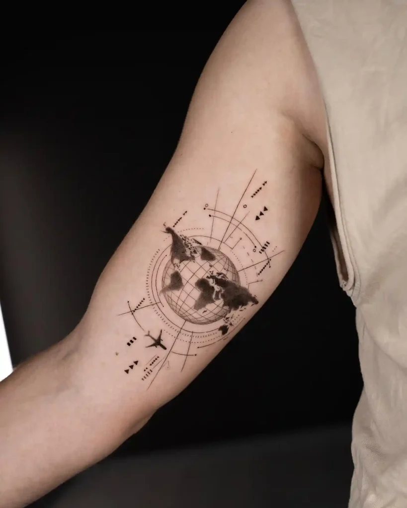 Geometric Globe and Plane on Inner Bicep