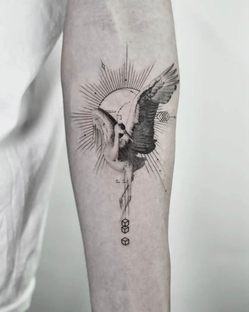 Geometric Swan with Sunburst on Forearm