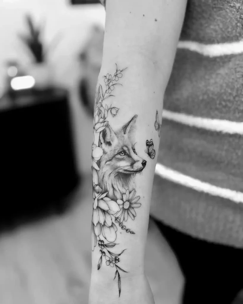Illustrative Fox with Wildflowers on Forearm