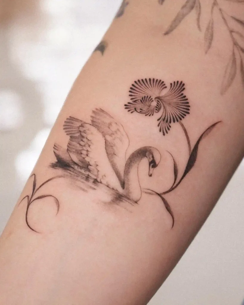 Illustrative Swan and Flower on Forearm