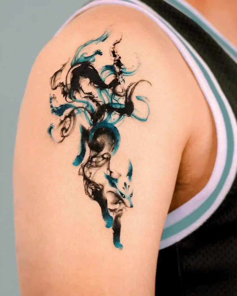Inky Blue Kitsune in Motion on Shoulder