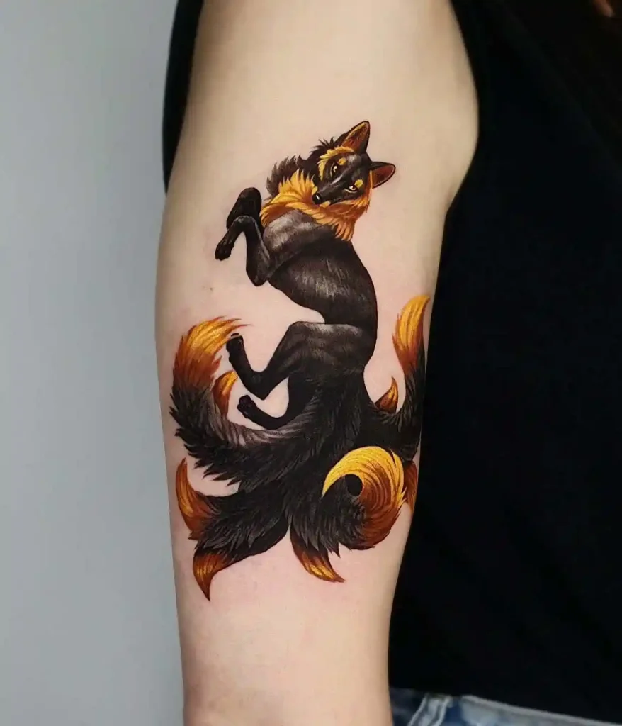Kitsune with Nine Flaming Tails on Upper Arm