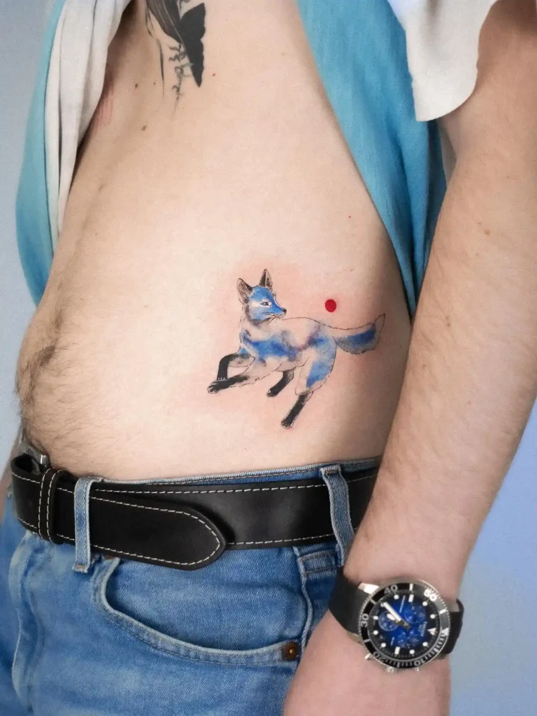 Leaping Arctic Fox with Red Sun on Torso Side