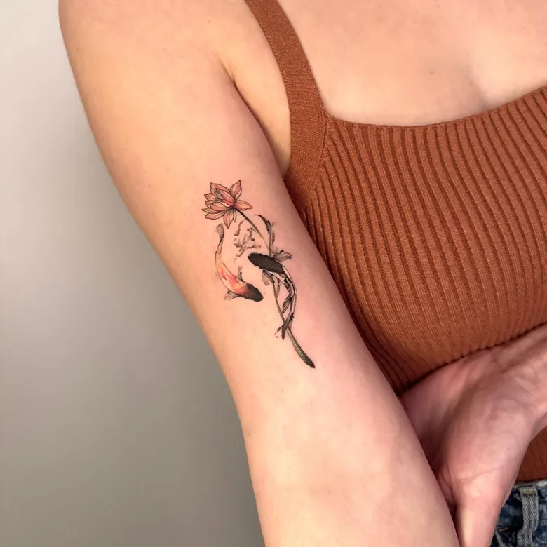 Small Koi Fish Tattoo With Lotus on Arm