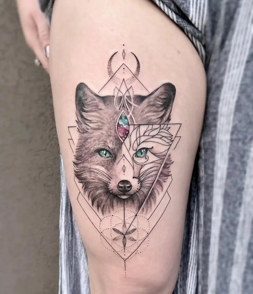 Mystical Fox with Geometric Accents on Upper Thigh