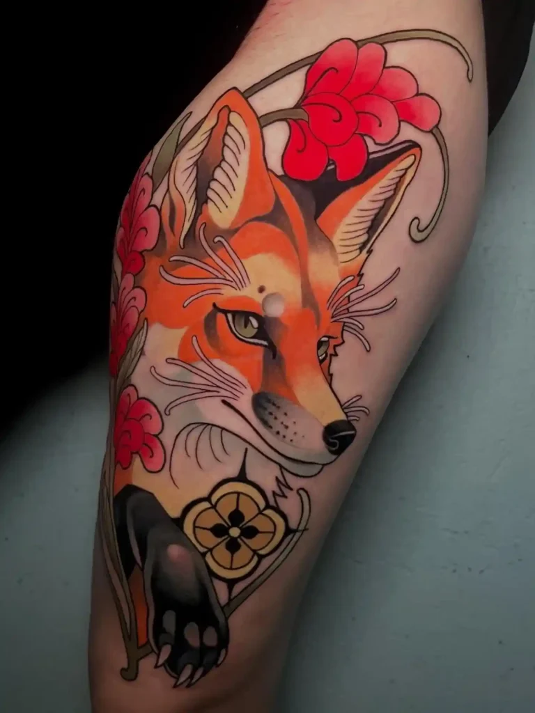 Neo-Traditional Fox with Peonies on Upper Arm