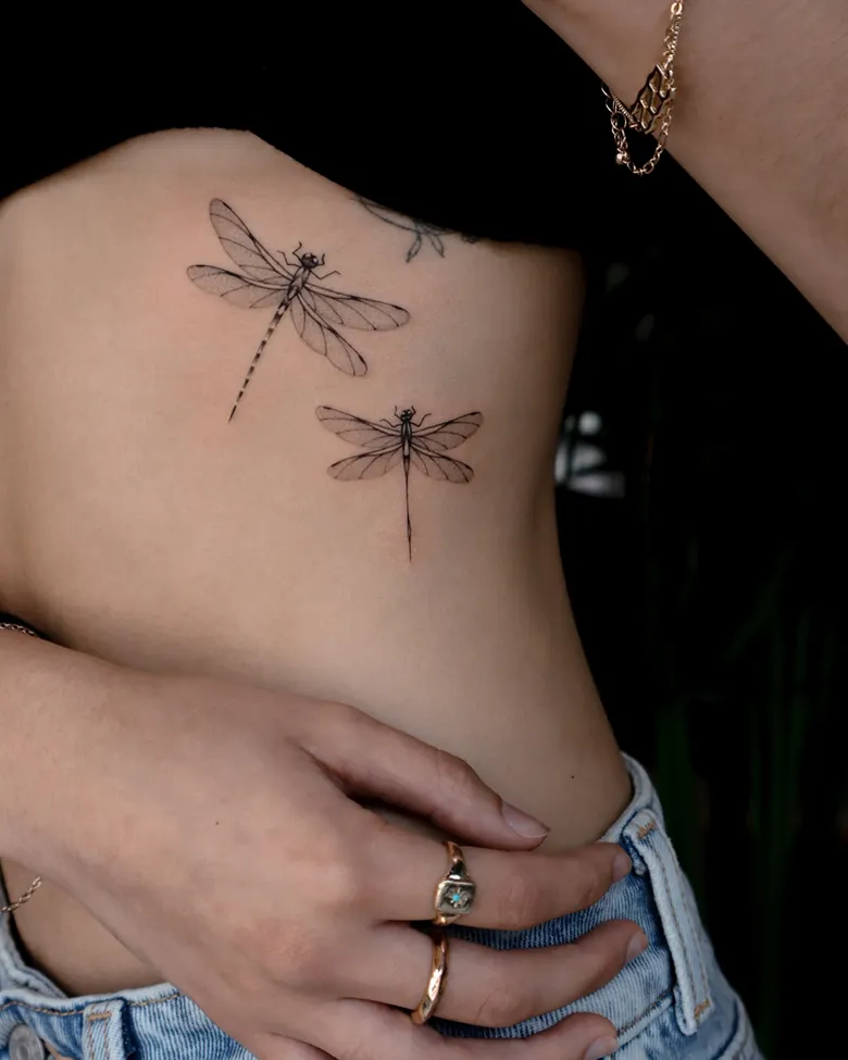 Paired Dragonfly Tattoo on Ribcage