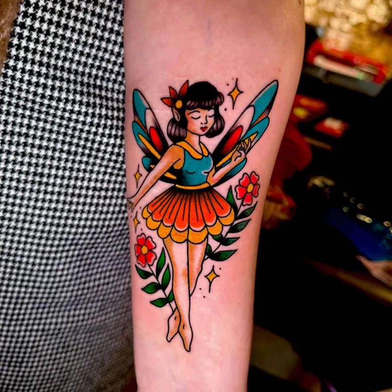 Playful Fairy Tattoo in American Traditional Style