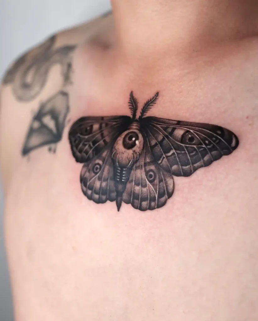 Realistic Black Moth on Upper Chest