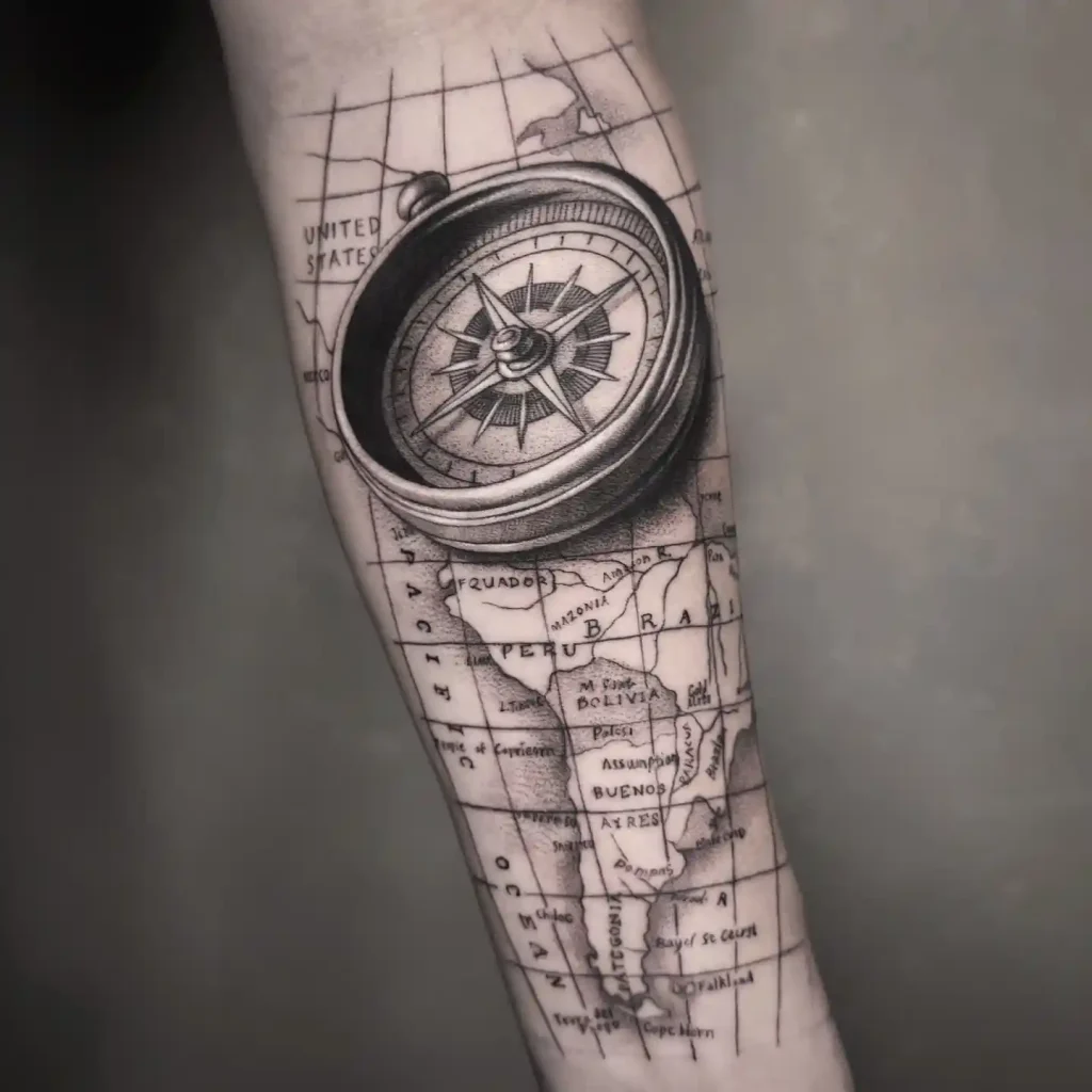 Realistic Compass and South America Map on Forearm