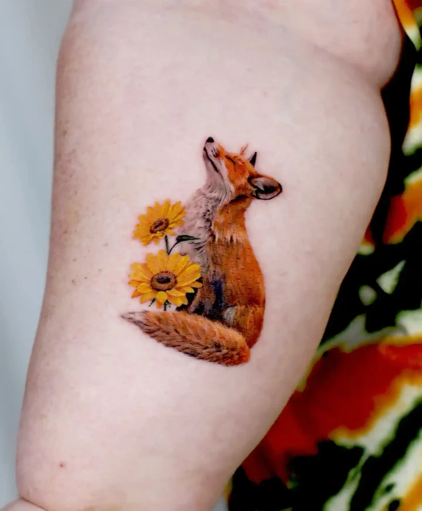 Realistic Fox with Sunflowers on Upper Arm