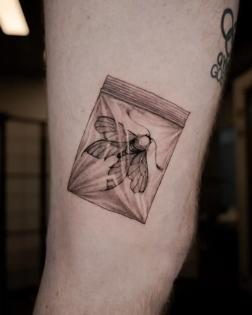 Realistic Moth in Bag on Lower Leg