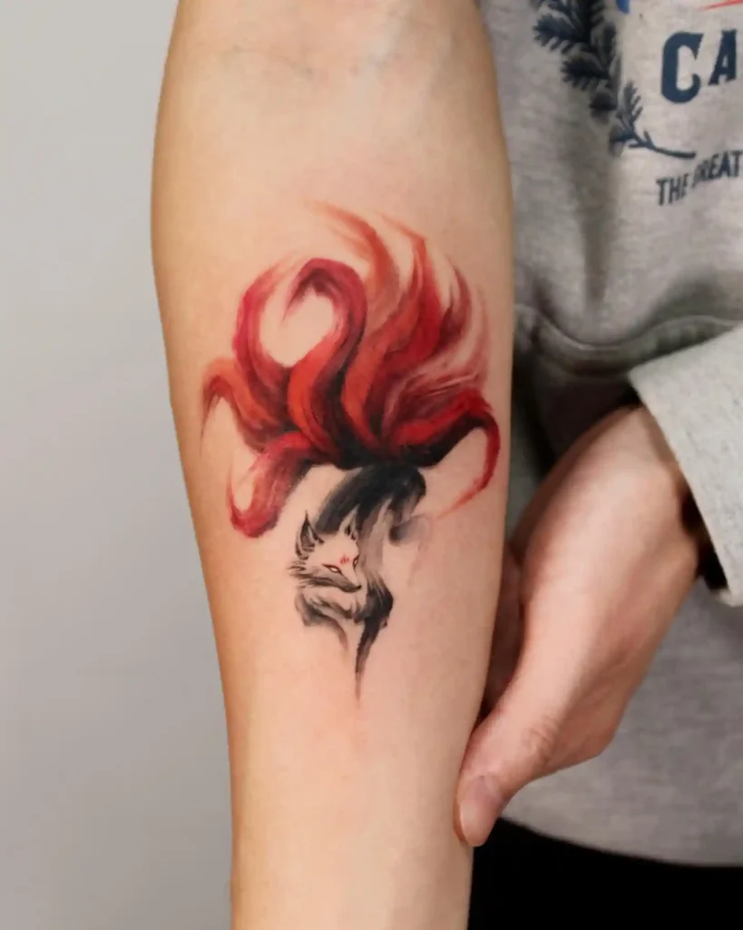 Red Spirit Fox with Flowing Tails on Forearm