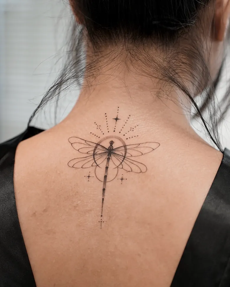 Sacred Geometry Dragonfly Tattoo on Back