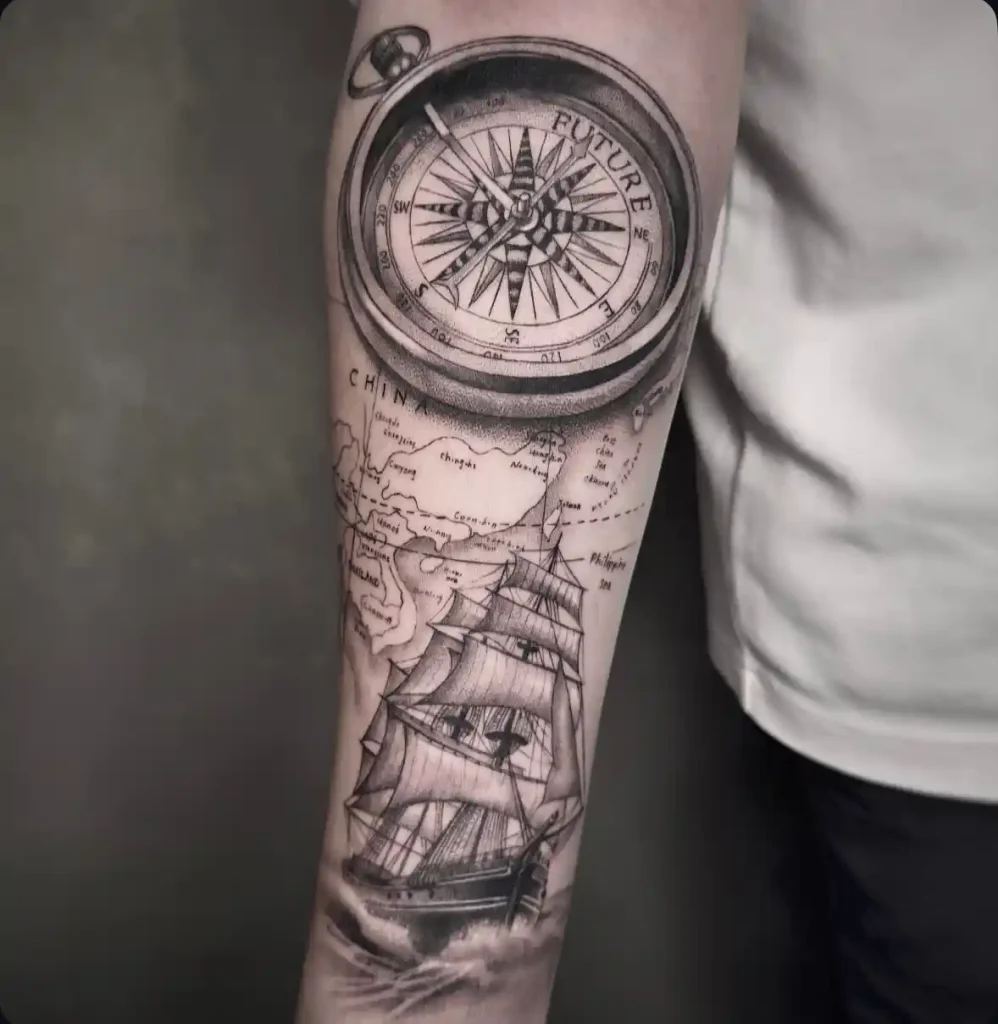 Ship and Compass with Future Text on Forearm
