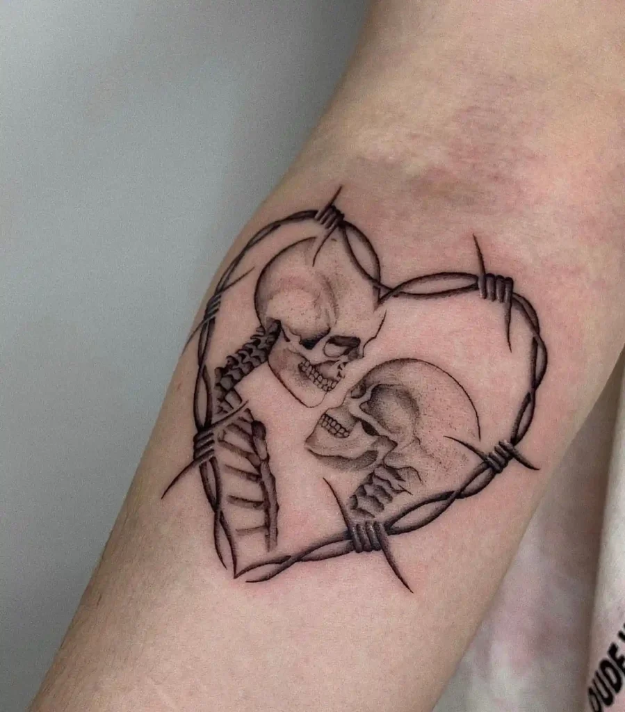 Skeletons in Barbed Wire Heart on Forearm