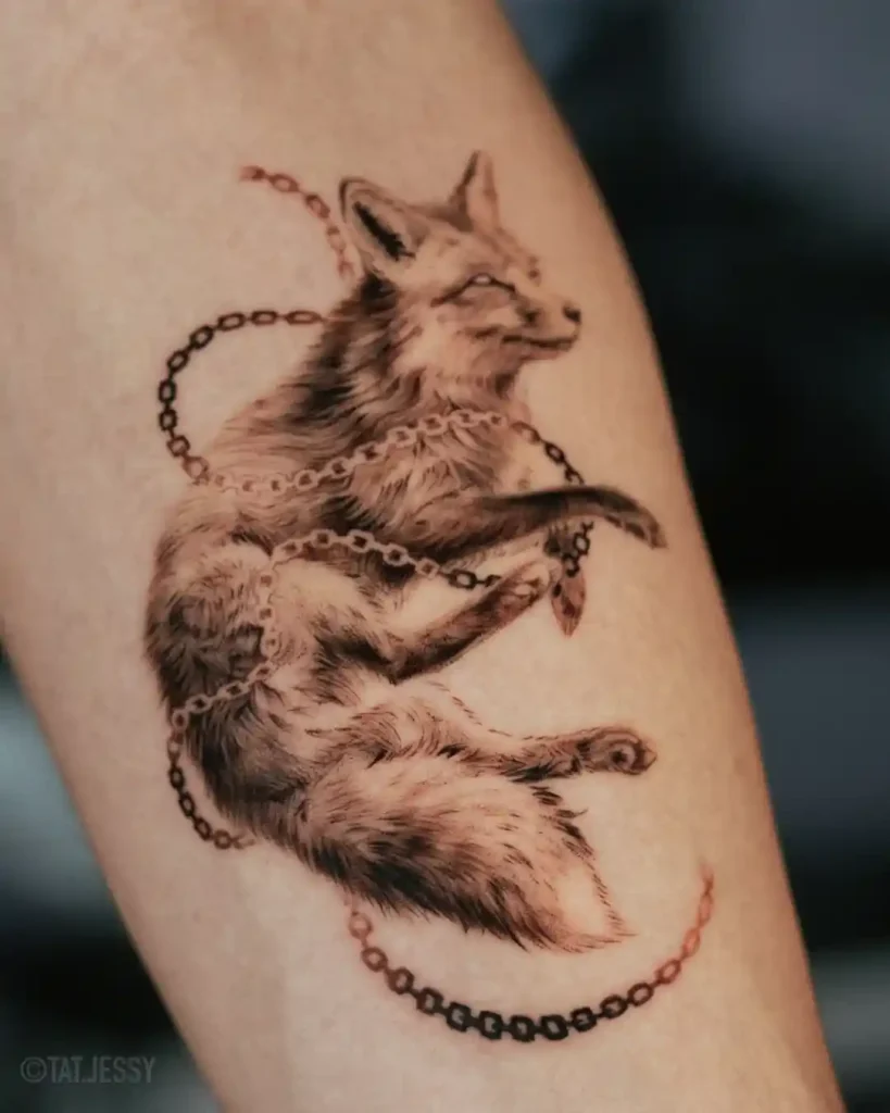Sleeping Fox Wrapped in Chains on Forearm
