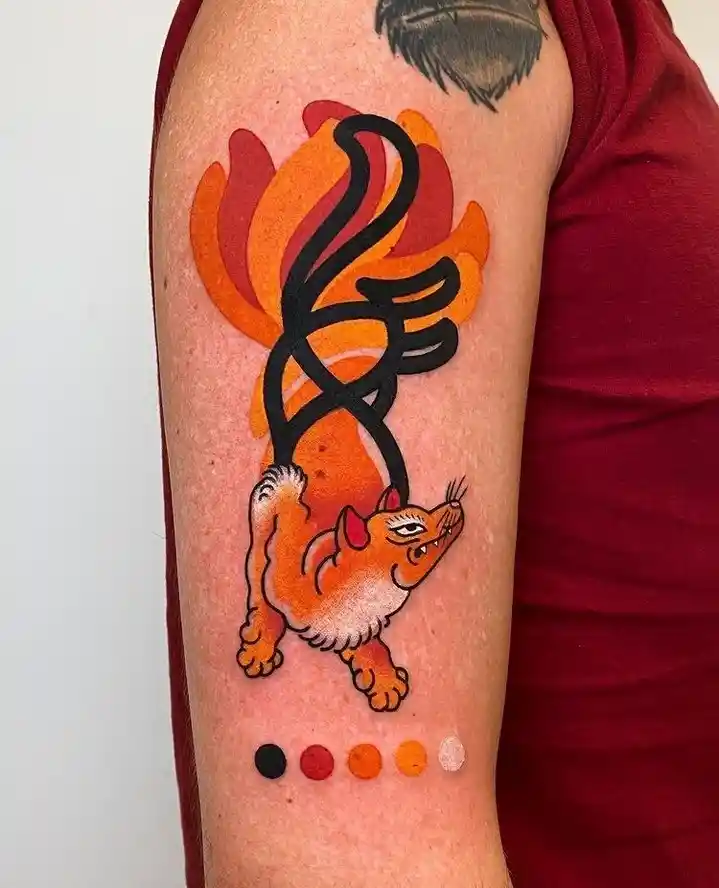 Stylized Kitsune with Color Palette on Upper Arm