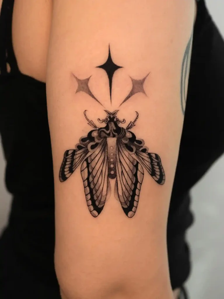 Stylized Moth with Three Stars on Back of Arm