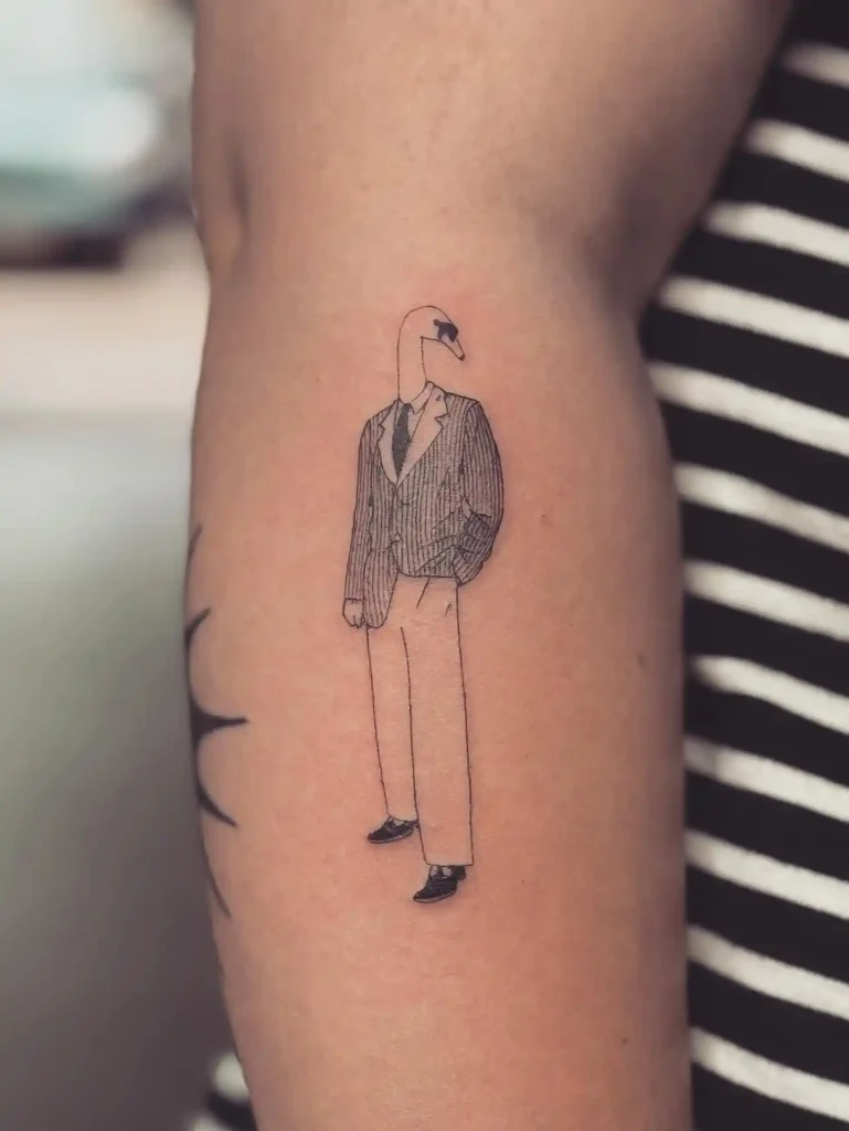 Surreal Humanoid Swan in Suit on Forearm