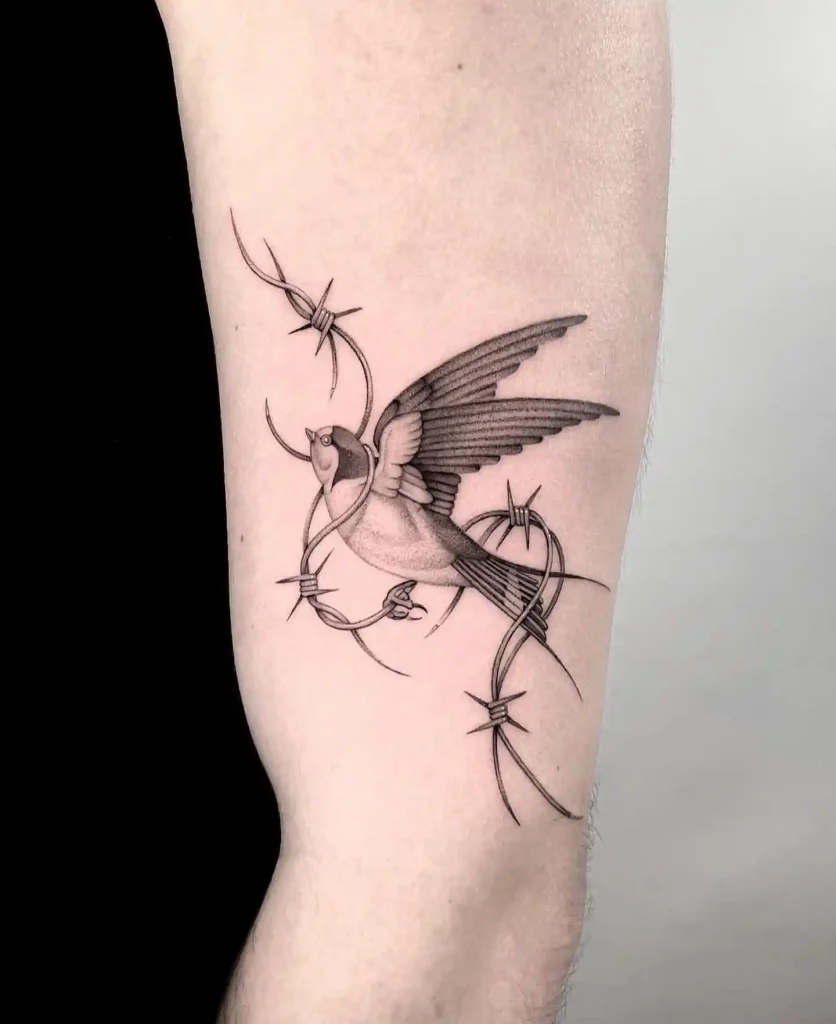 Swallow Entwined in Barbed Wire on Inner Arm