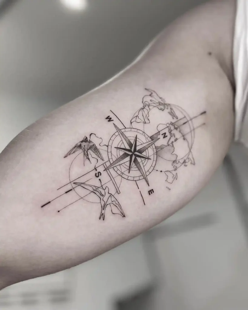 Swallow and Compass Map on Inner Bicep