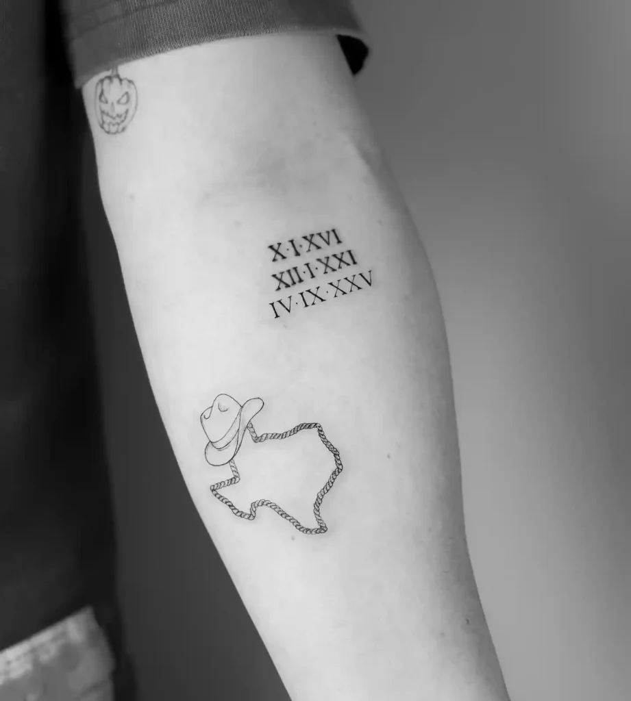 Texas Tribute with Dates on Forearm
