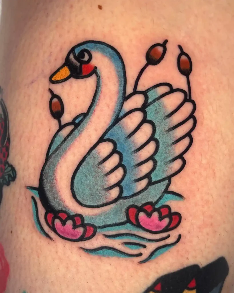 Traditional Blue Swan with Lotus Flowers on Leg