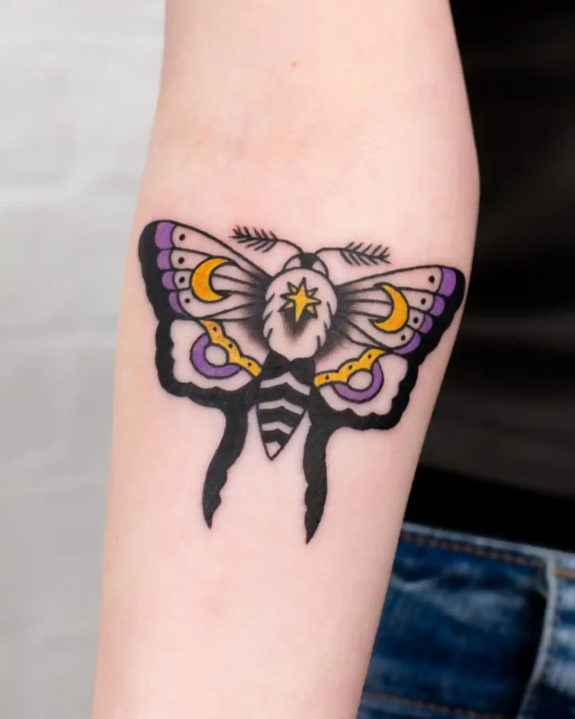 Traditional Moon Moth Design on Inner Forearm
