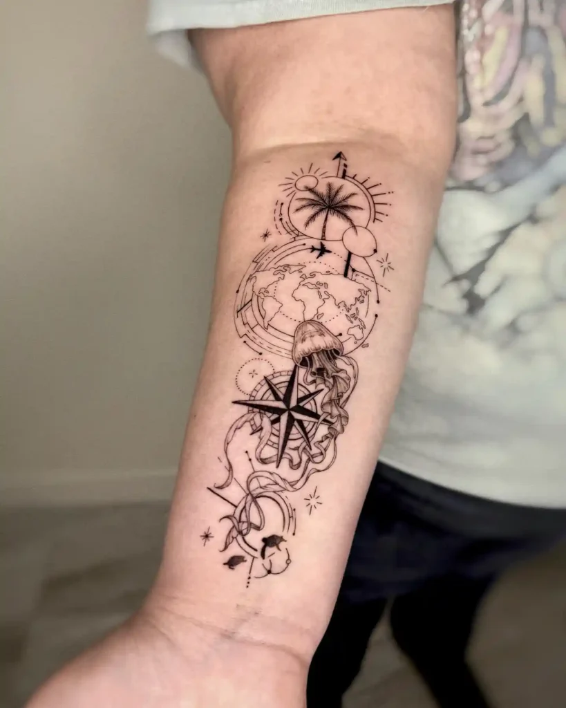 Tropical Ocean and Compass Stack on Forearm