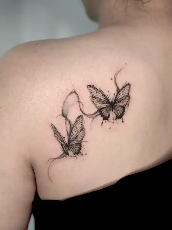 Twin Butterfly Fine Line Tattoo on Shoulder
