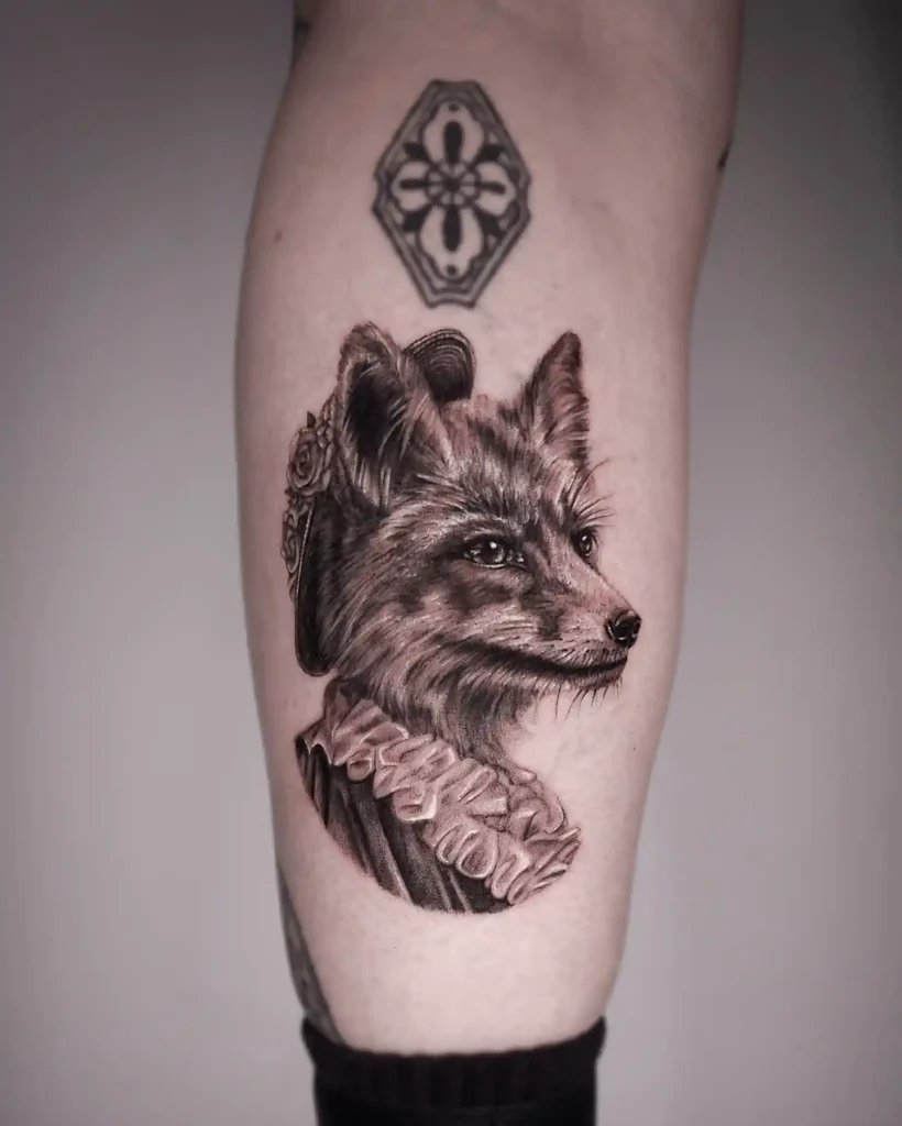 Victorian Style Fox Portrait on Lower Leg