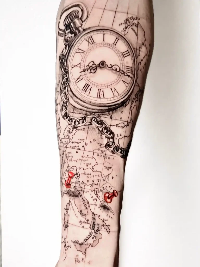 Vintage Pocket Watch and Italy Map on Forearm