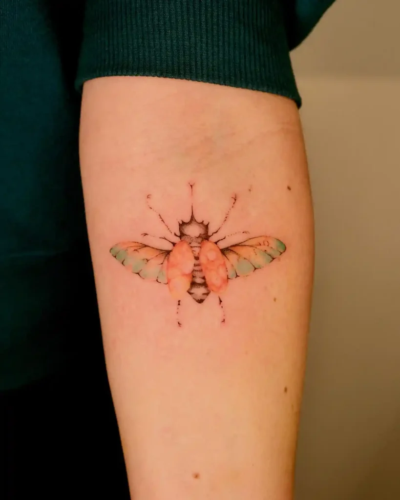 Watercolor Winged Beetle on Forearm