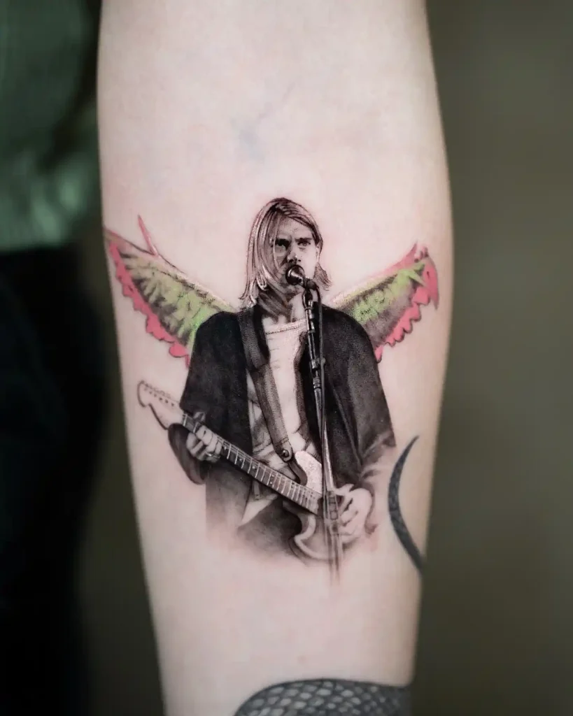 Winged Kurt Cobain Portrait on Forearm