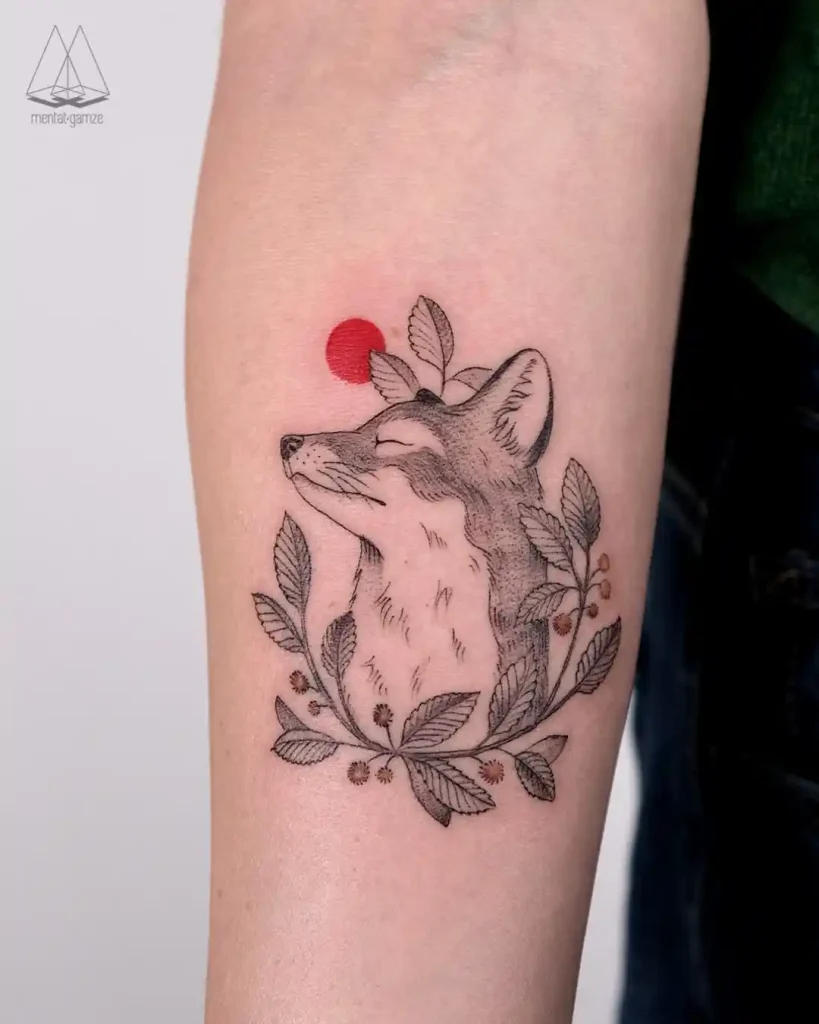 Zen Fox Under a Red Sun on Forearm