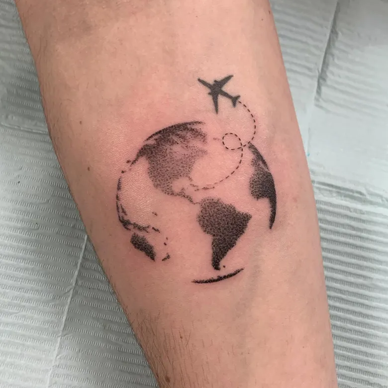 Airplane Around the World Dotwork Tattoo